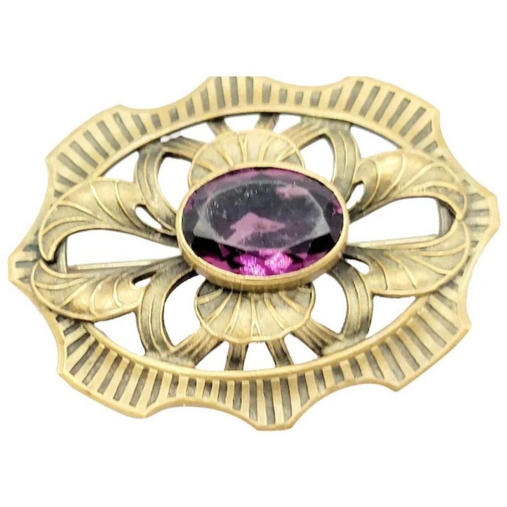 Antique Brass Victorian Sash Pin With Glass Stone (A2602)